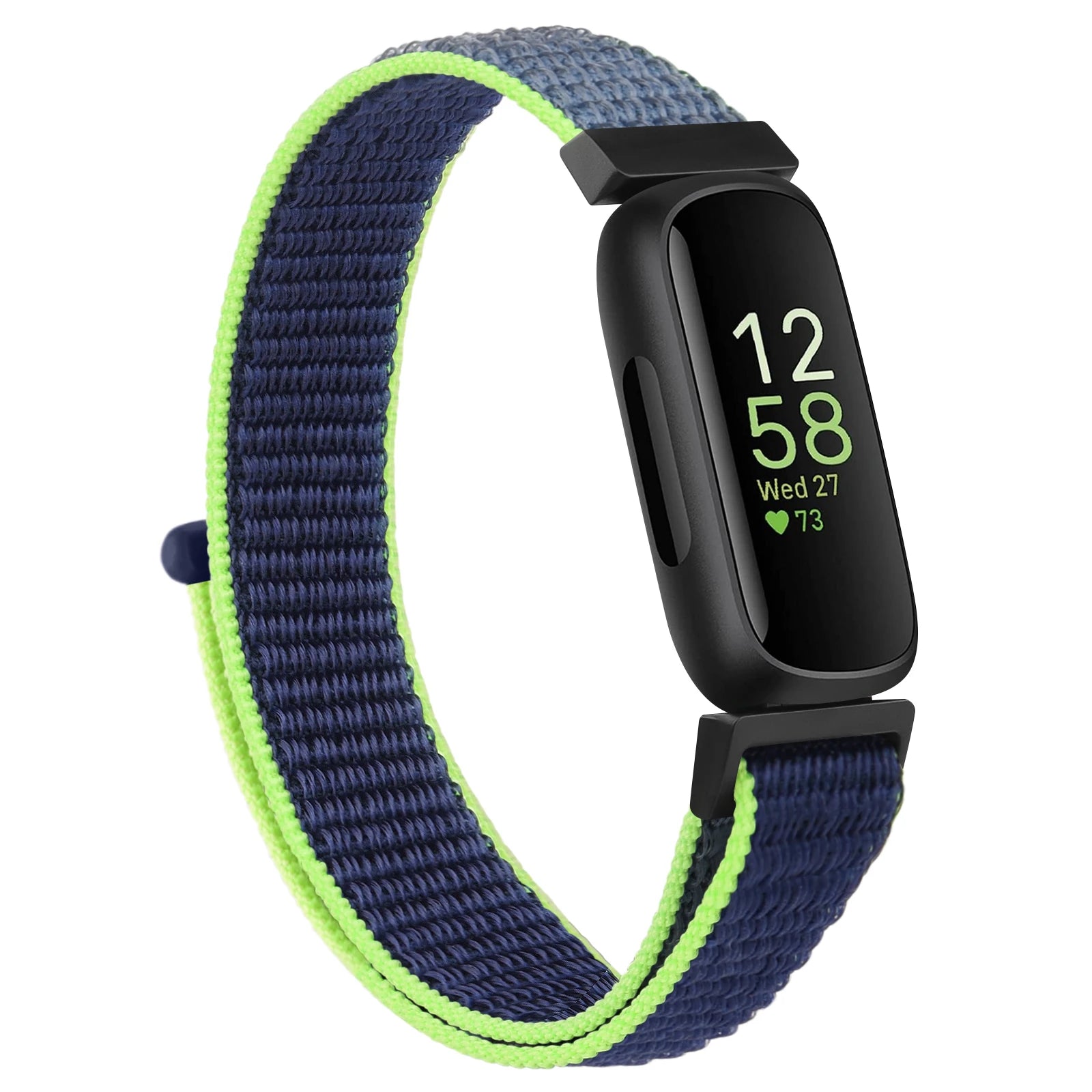 Fitbit Inspire 3 nylon strap in blue and green, adjustable smartwatch band for comfort and style.