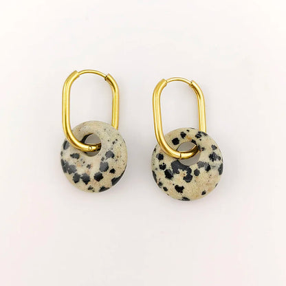 Leopard jasper disc hoop earrings, close-up of the spotted stones