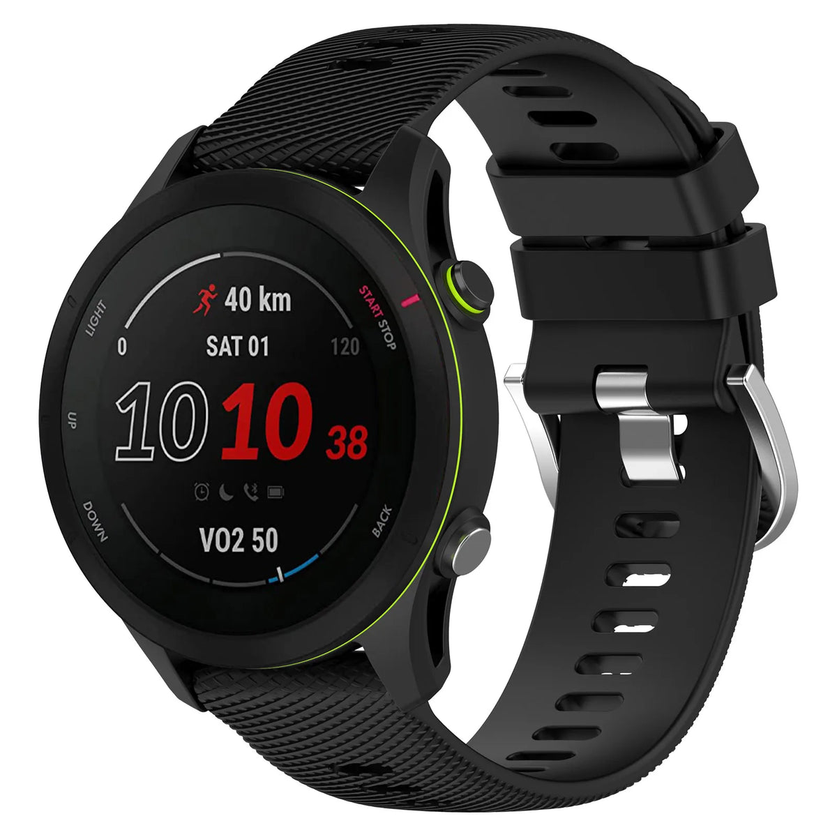Polar Textured Silicone Buckle Band — Black strap shown on a watch