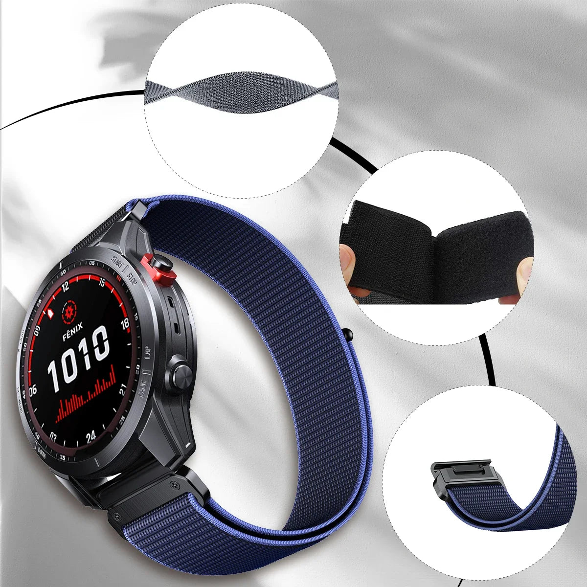 Garmin nylon quick release strap for smartwatch, showcasing soft material and quick-fit design for comfort and style.