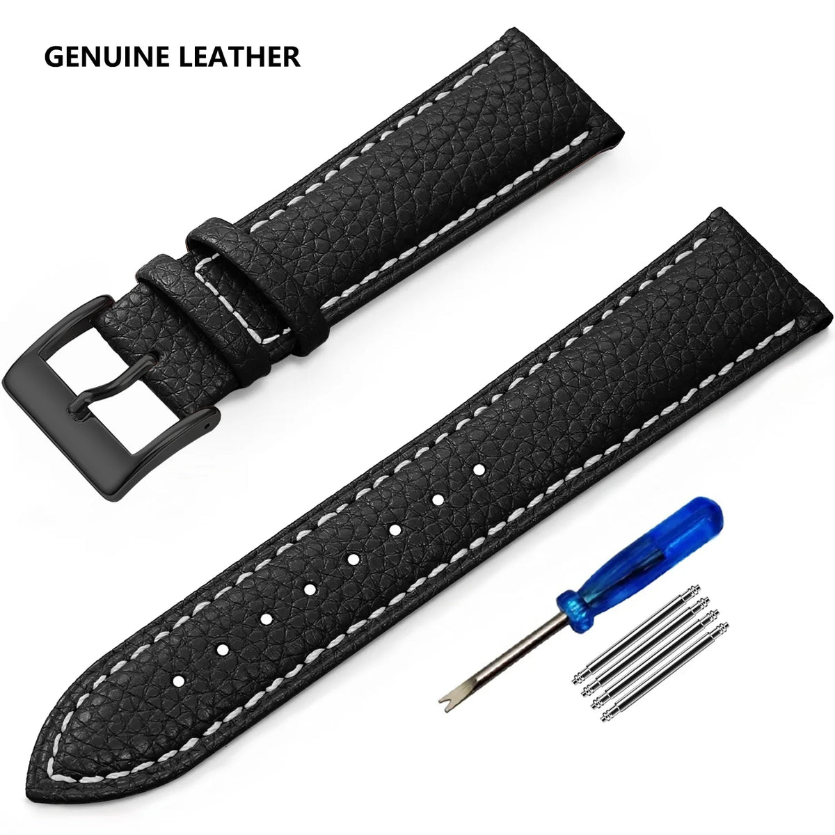 Grained Leather Band in Black with White Stitching and Black Buckle