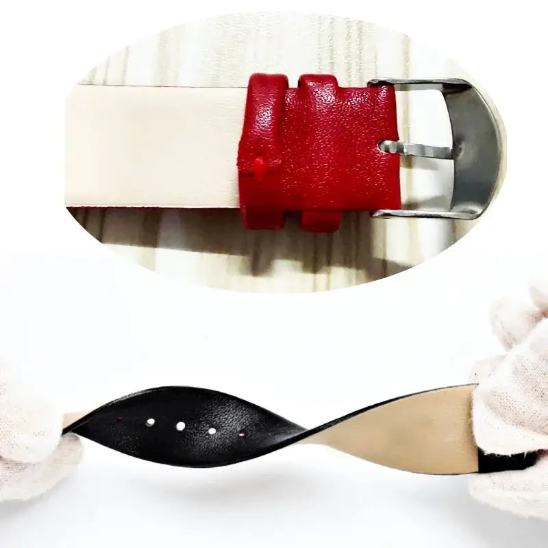 Leather strap buckle and flexible underside details