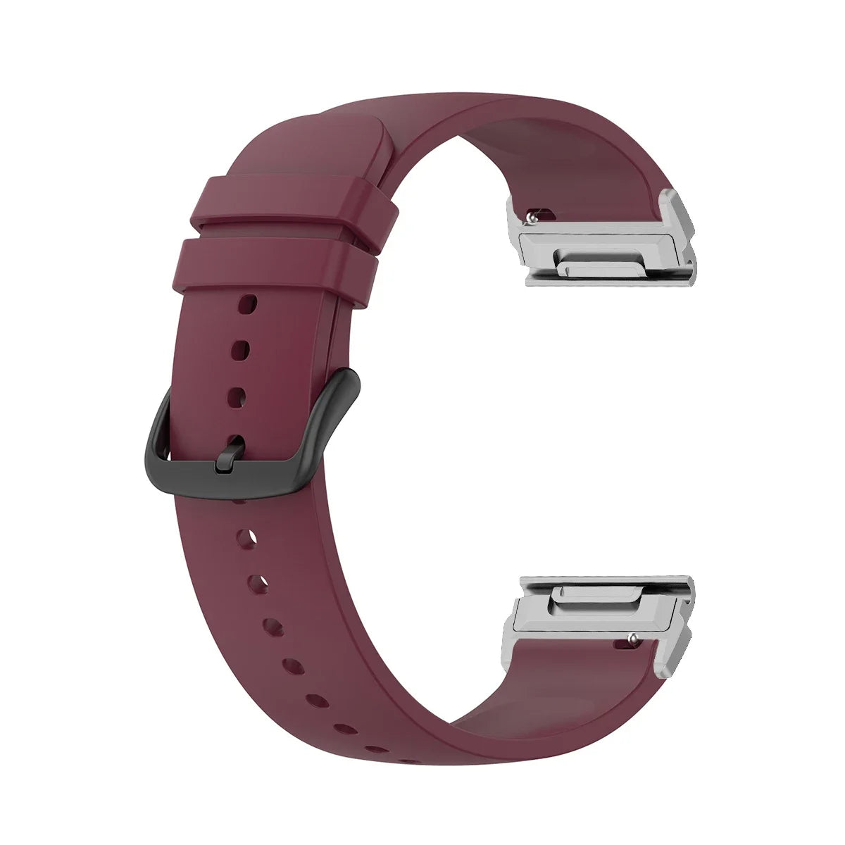 Garmin silicone watch strap in burgundy color, flexible and durable band for smartwatch replacement, featuring a secure metal connector.