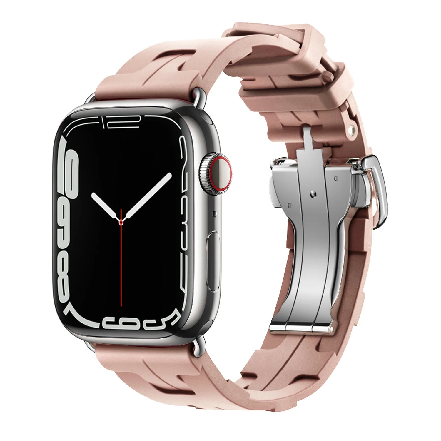 Apple Watch Silicone Band in soft pink, waterproof and flexible strap for comfortable wear during activities.