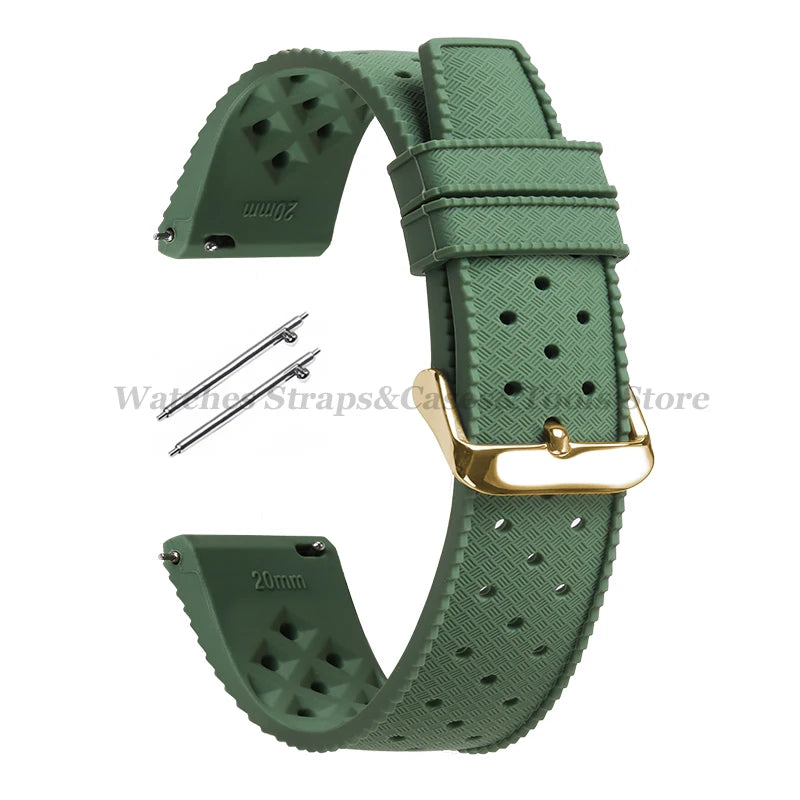 Garmin 18/20/22mm Quick Release Tropic-Style Silicone Band in Green with Gold Buckle