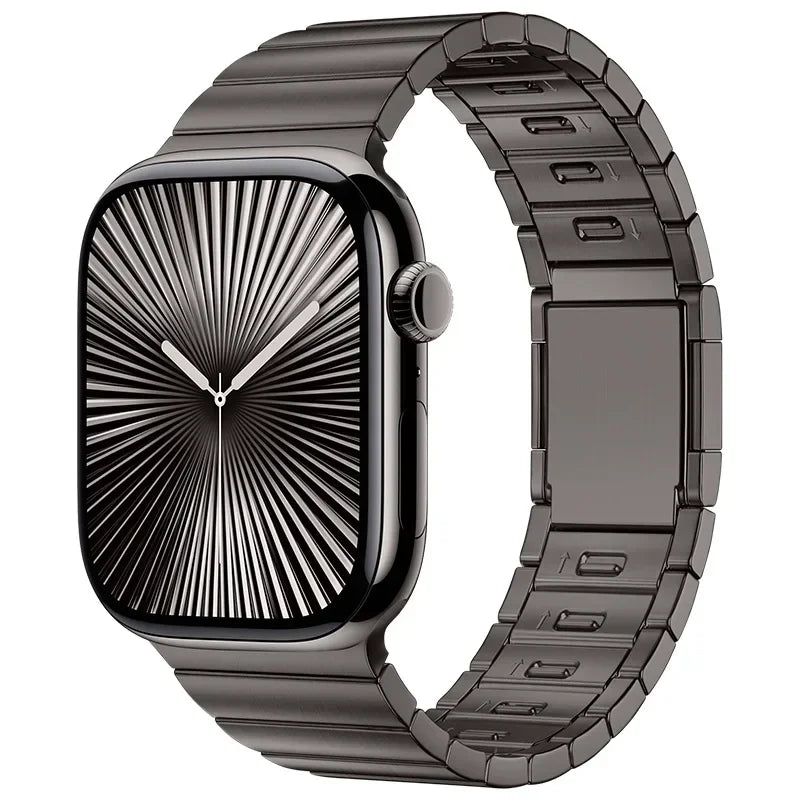 Apple Watch with stainless steel band and magnetic buckle strap, showcasing its sleek and modern design.
