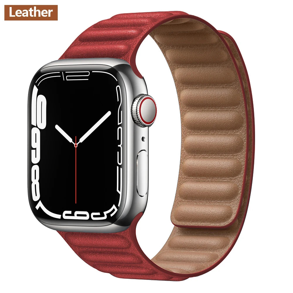 Magnetic Apple Watch Link Band - Leather & Silicone in Leather / Red