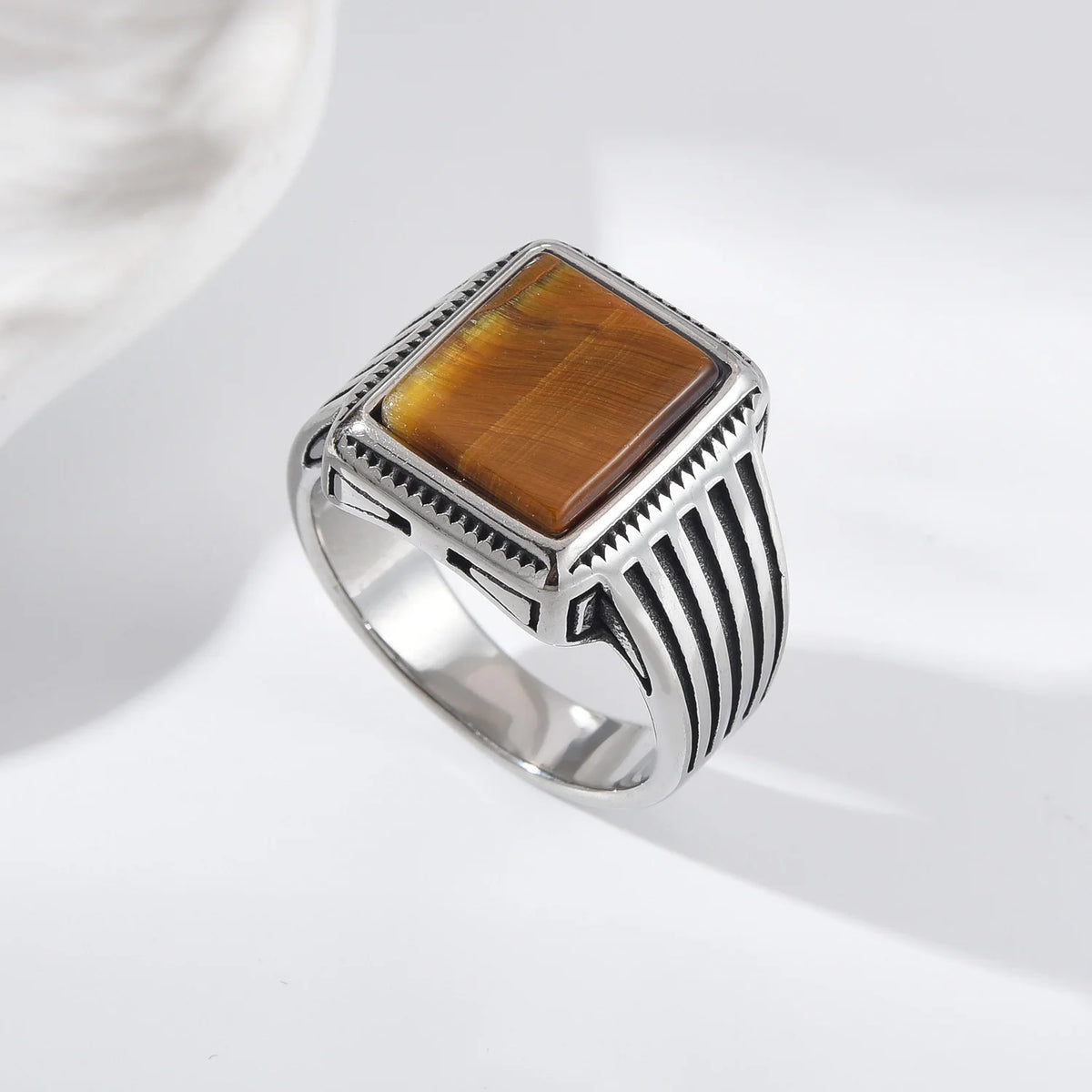 Men's square tiger's eye ring, stainless steel