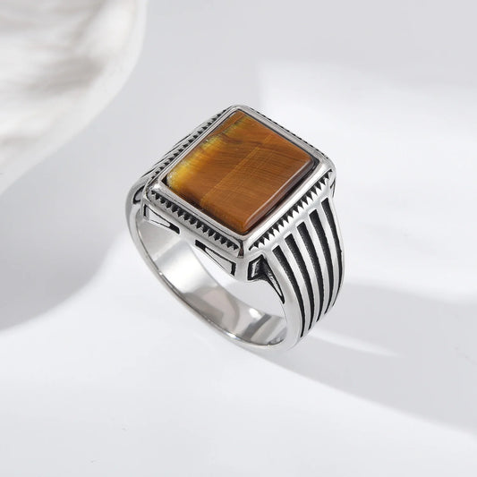 Men's square tiger's eye ring, stainless steel