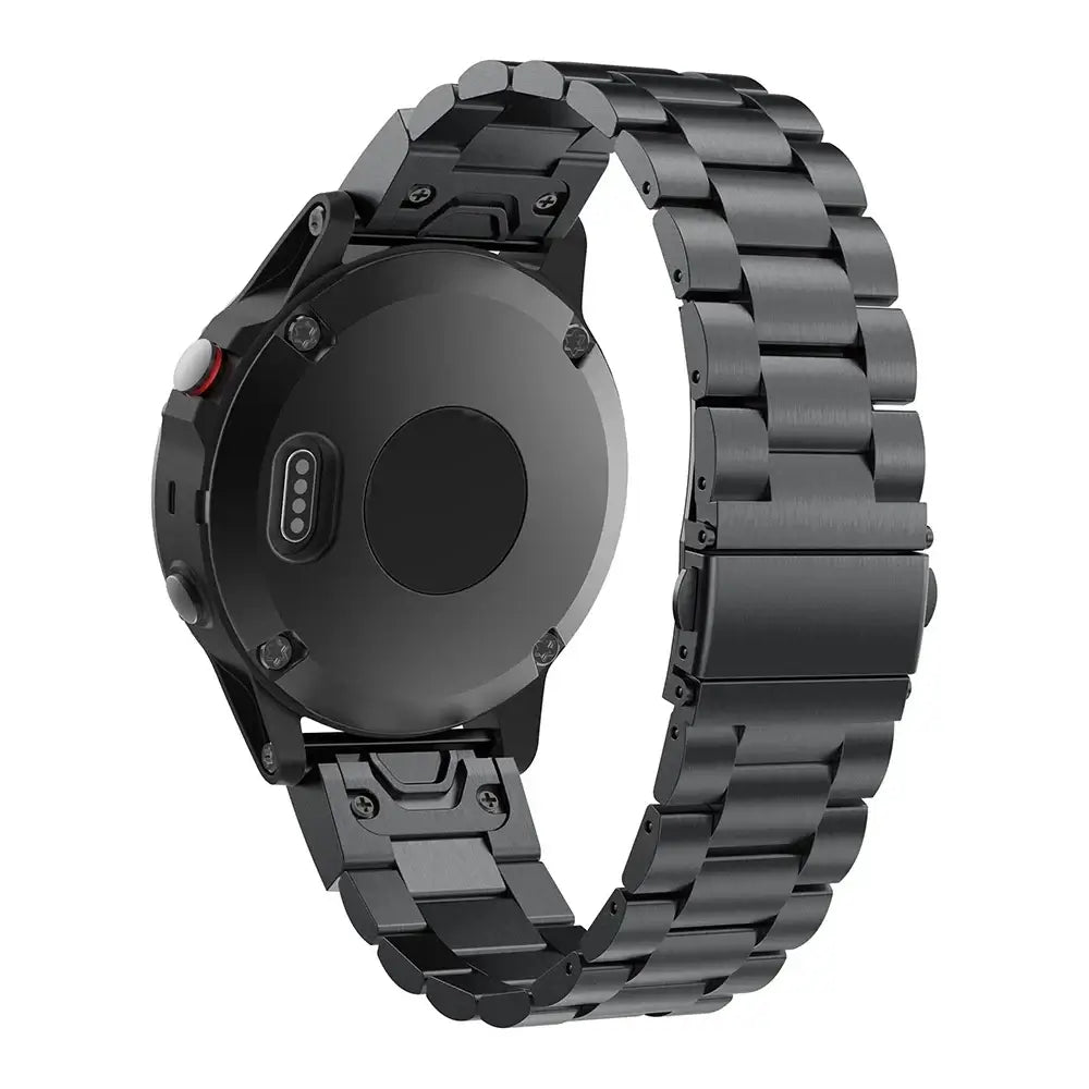 Garmin QuickFit Stainless Steel Bracelet Band in Black shown from the underside of a watch
