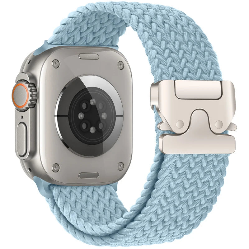 Apple Watch with breathable braided nylon parachute strap in soft blue color, showcasing durability and style.