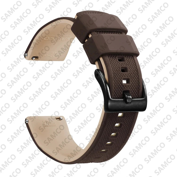 OnePlus Watch Band Quick Release Silicone Strap Sweat Resistant Black in brown color with smooth adjustable buckle.
