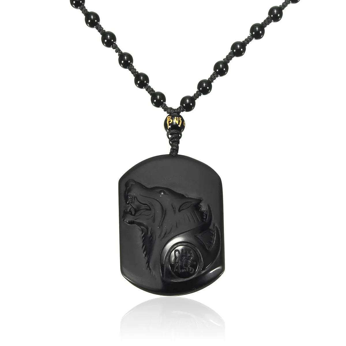 Carved Obsidian Wolf Head Pendant Necklace on Obsidian Bead Chain