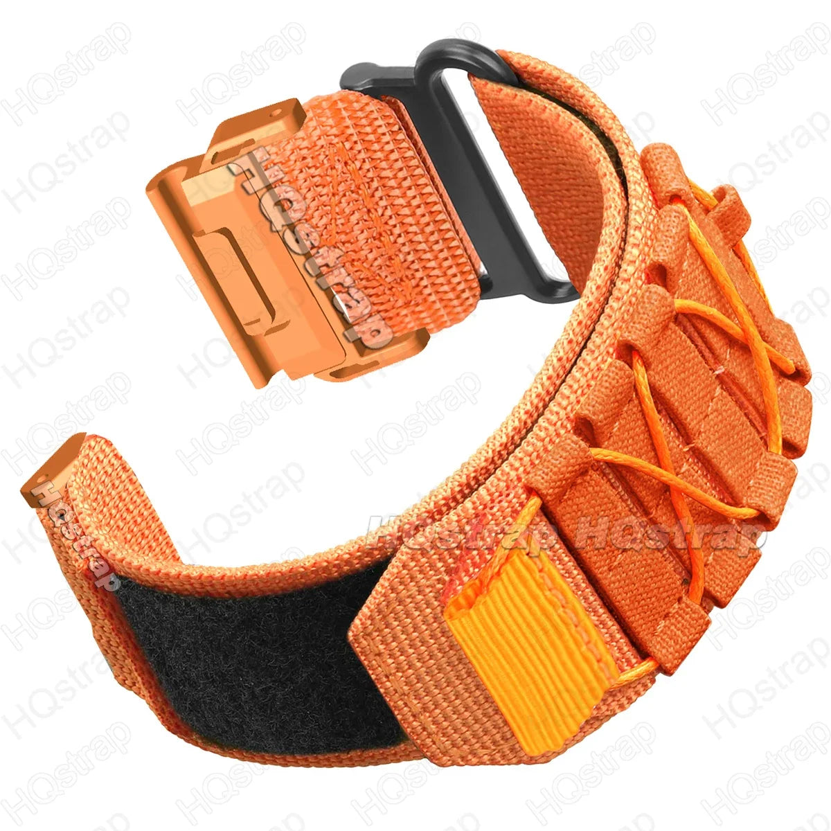 Garmin nylon strap in vibrant orange color, designed for smartwatches, featuring a durable and adjustable military style.