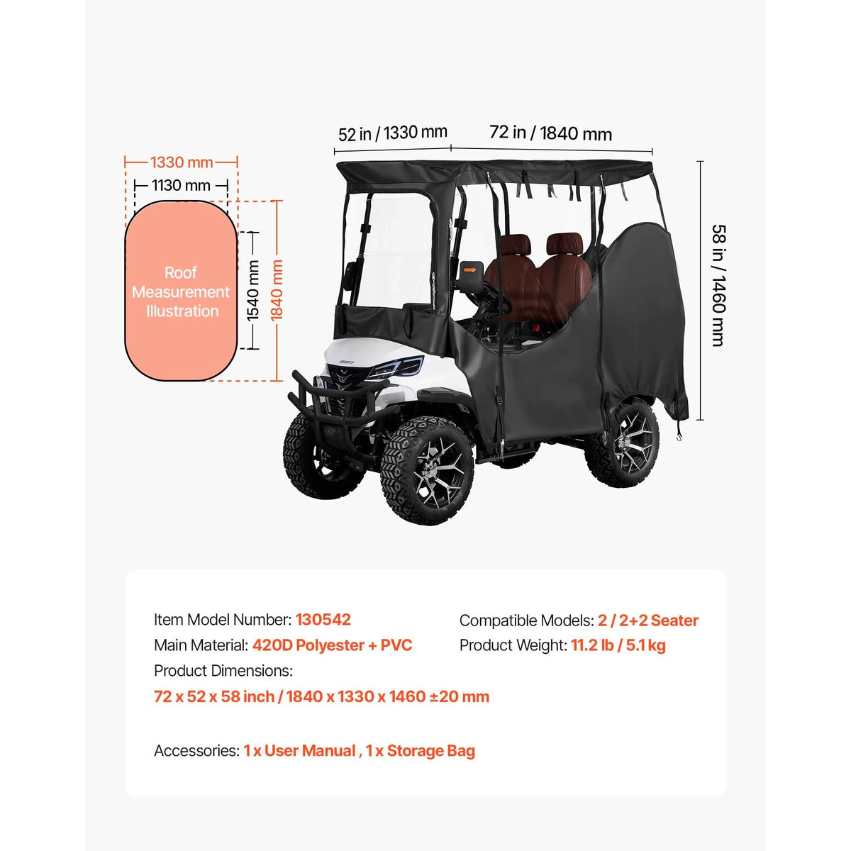 Golf Cart Enclosure for 2-Passenger Carts, Clear Windows