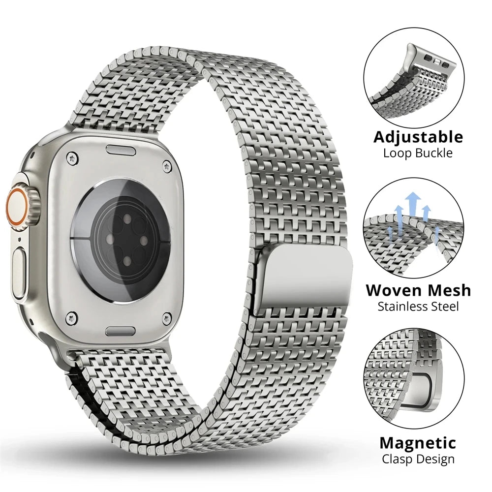 Apple Watch with stainless steel Milanese loop band featuring adjustable loop buckle and magnetic clasp design.