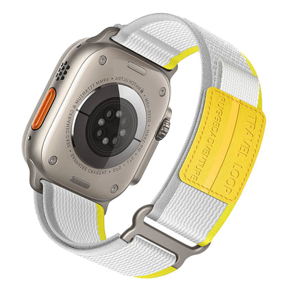 Apple Watch with Rugged Trail Loop nylon band, showcasing durable design for active lifestyles.