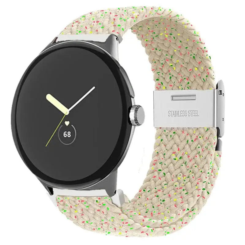 Braided Nylon Google Pixel Watch Band with Metal Clasp in Ivory Speckle