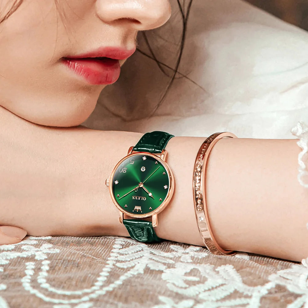 Women's Glossy Leather Date Watch — Green watch worn on wrist — BandsCo Straps