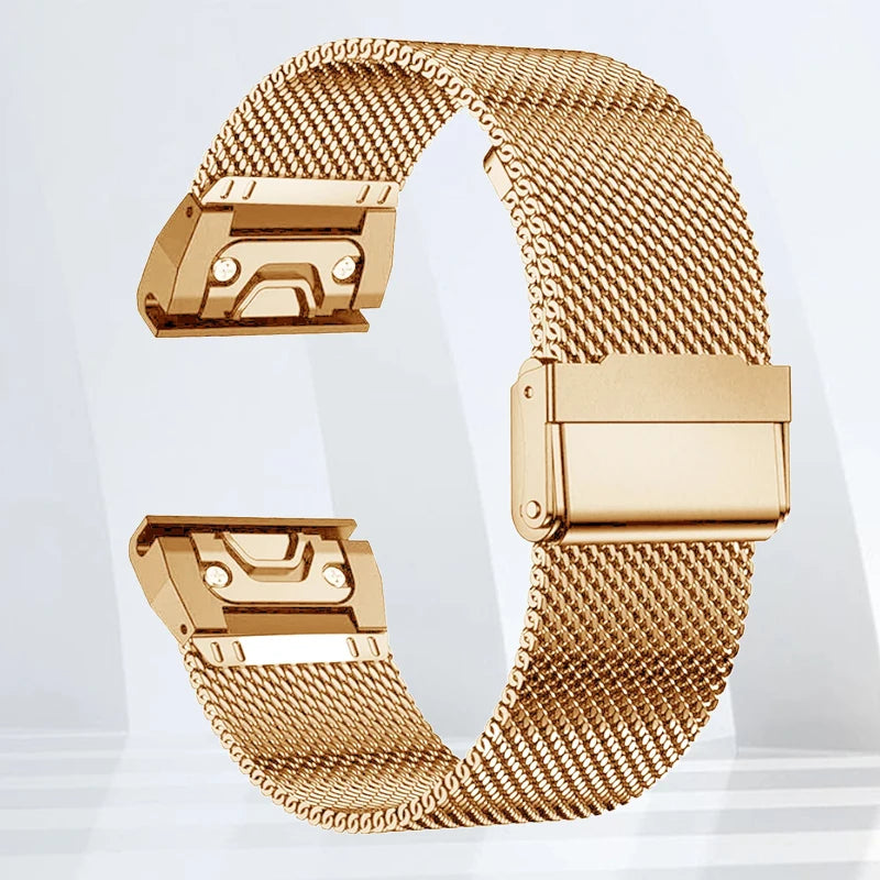 Gold stainless steel mesh band for Garmin smartwatch replacement, designed for durability and style.