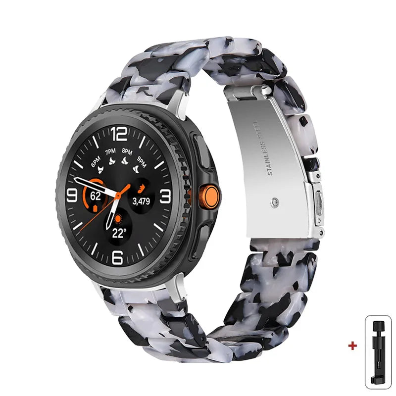 Samsung Galaxy Resin Link Watch Band - Tortoise Women Watch8/Watch8 Classic/Watch9 Ultra/Ultra2 on wrist, floral cow design.