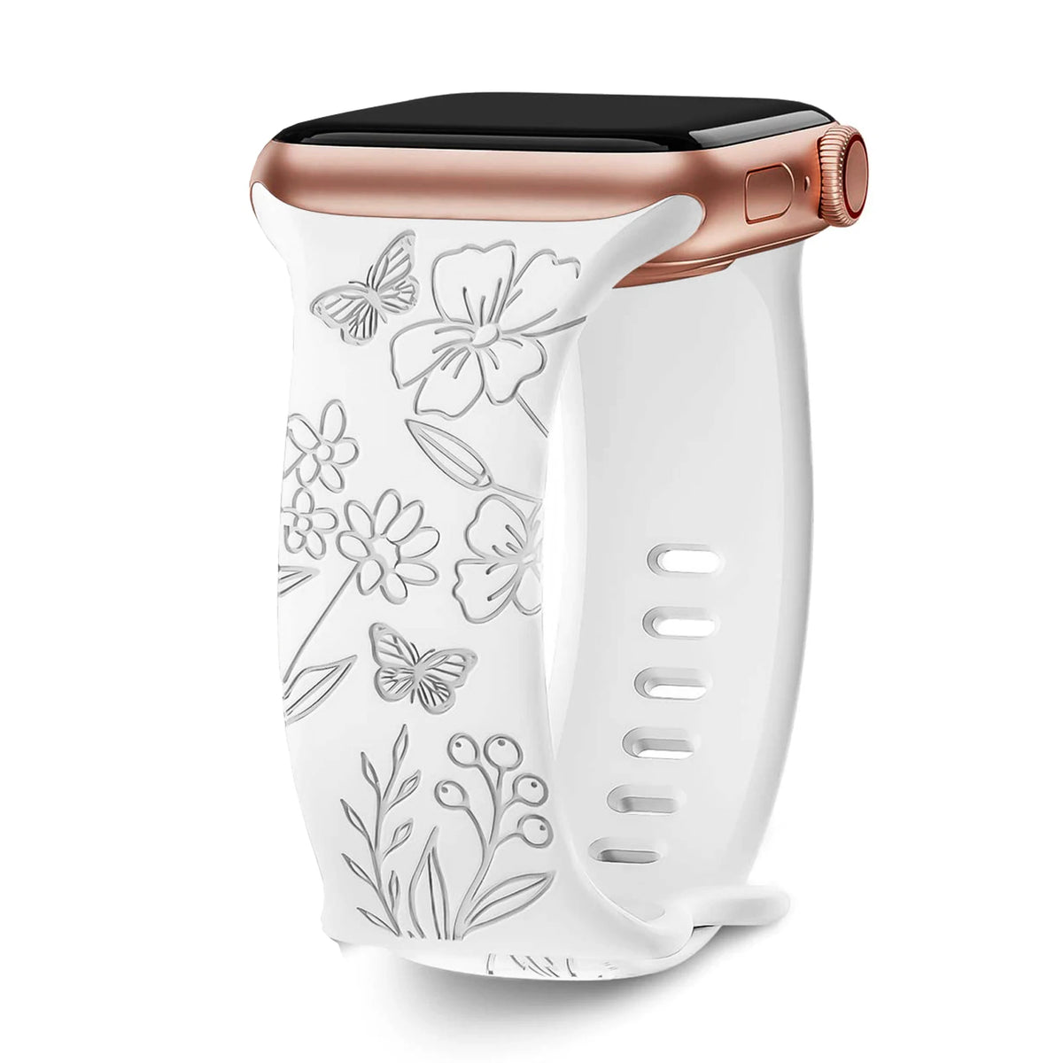 Engraved Botanical Silicone Apple Watch Band in White / Flowers & Butterflies