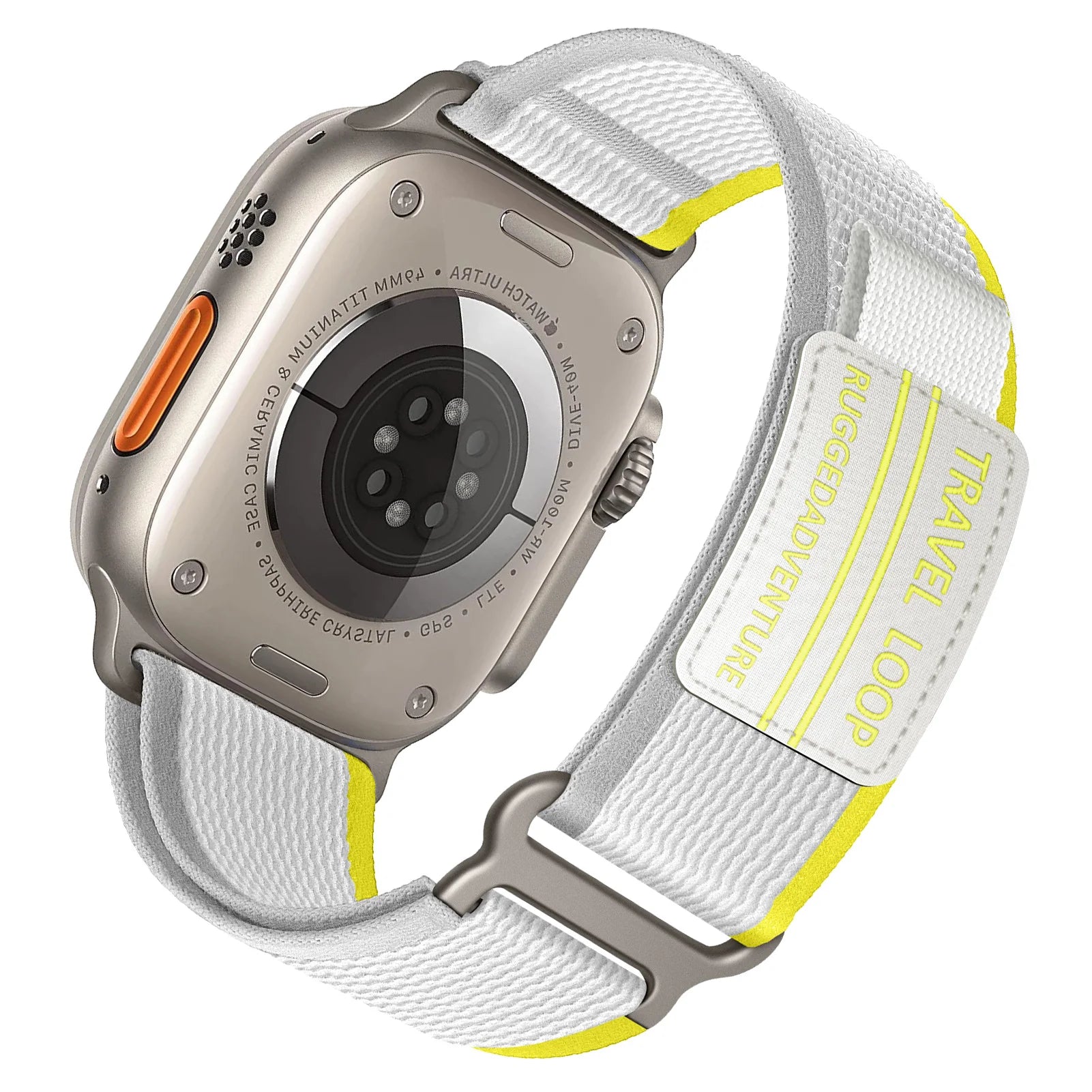 Apple Watch Nylon Band - Rugged Trail Loop in white and yellow, showcasing durable design for outdoor adventures.