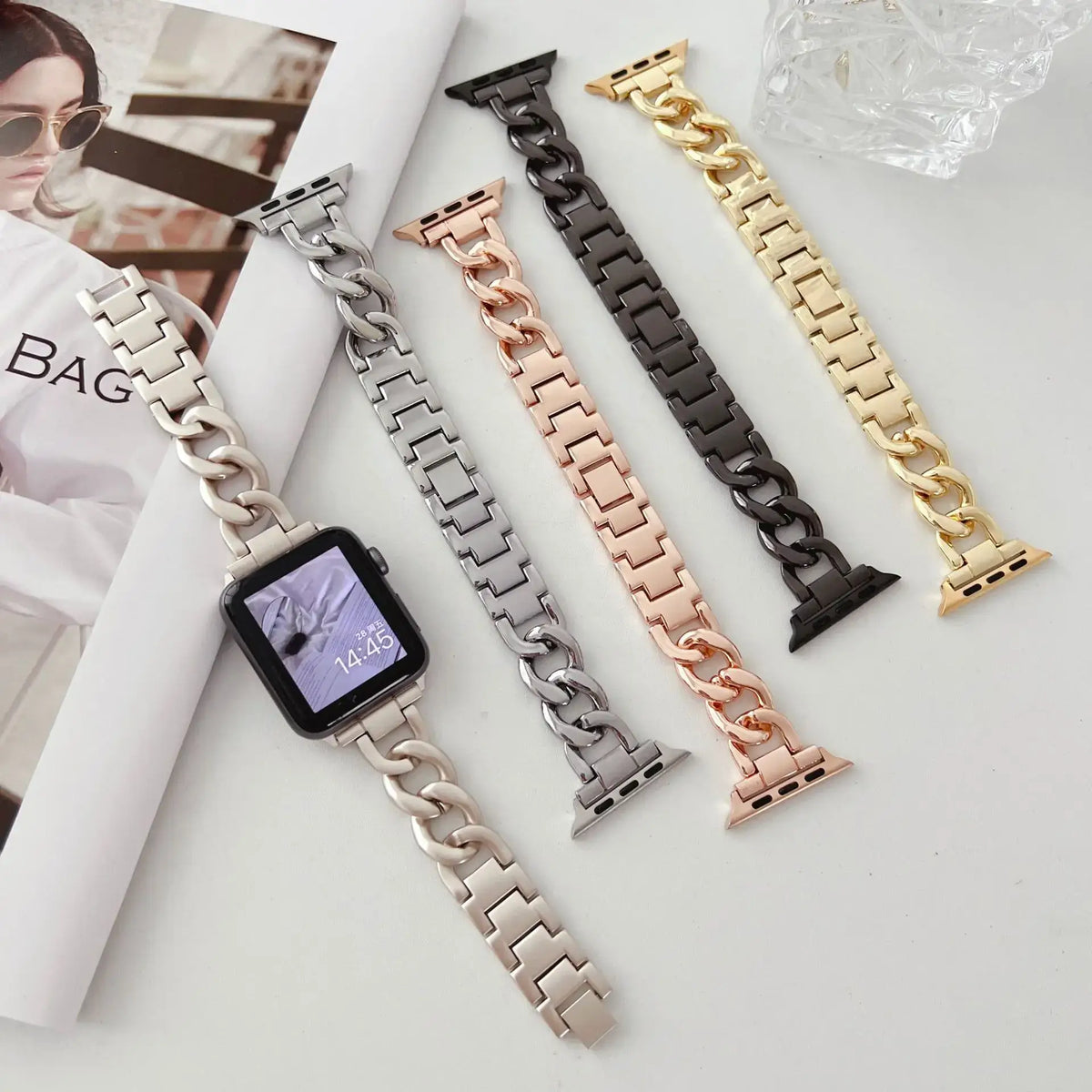 Mixed-link stainless steel Apple Watch chain bands in five finishes