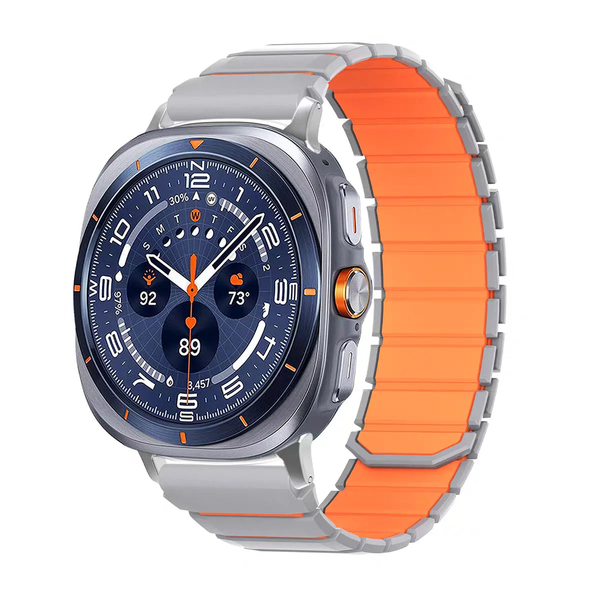 Samsung Galaxy Silicone Magnetic Watch Band Fits Watch8/Watch8 Classic/Watch9/Ultra/Ultra2 in grey orange color.