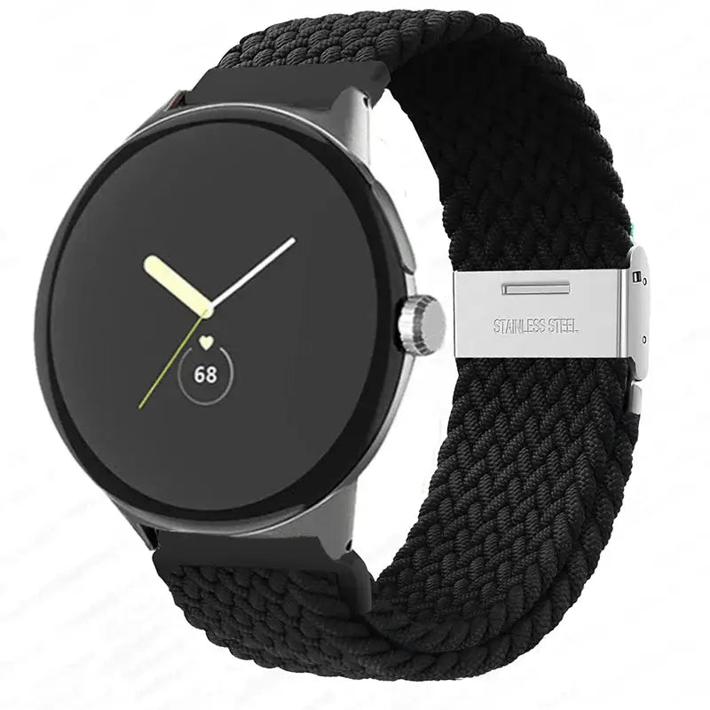 Braided Nylon Google Pixel Watch Band with Metal Clasp in Black