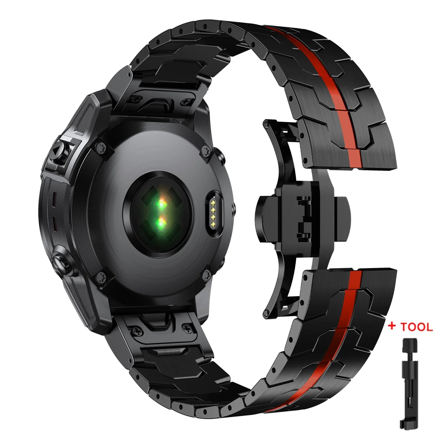 Garmin QuickFit stainless steel strap in black with red accents, featuring a secure closure and tool for easy installation.