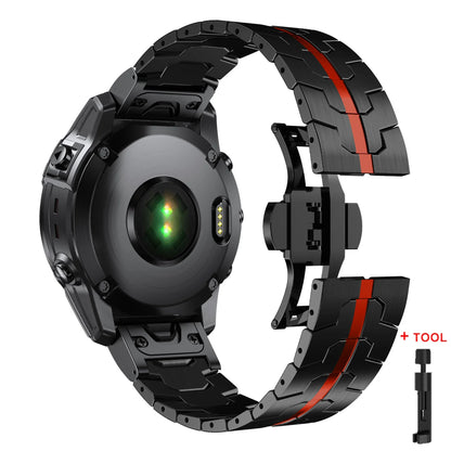 Garmin QuickFit stainless steel strap in black with red accents, featuring a secure closure and tool for easy installation.