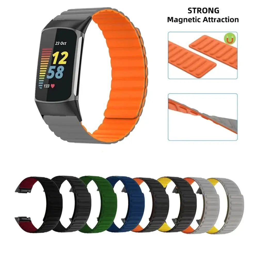Fitbit Charge 5 & 6 Magnetic Silicone Wrap Band gray and orange magnetic band with color previews and closure detail