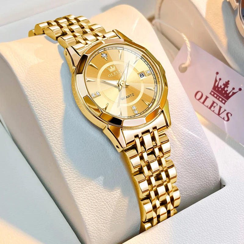 Women's Faceted Dial Quartz Bracelet Watch — Gold Tone / Gold Dial — BandsCo Straps
