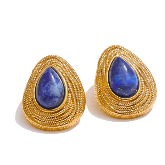 Lapis lazuli teardrop stud earrings, gold-tone stainless steel