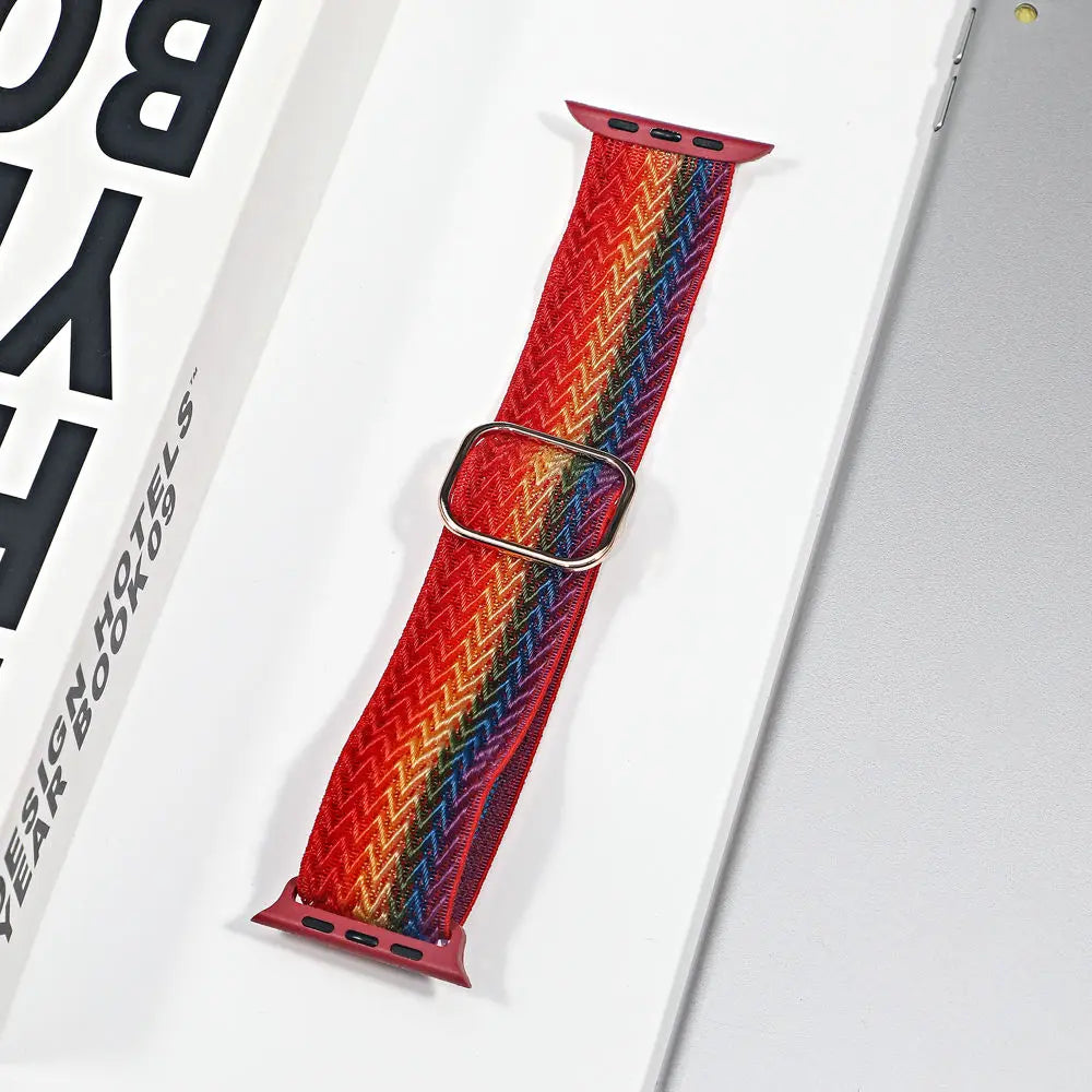 Colorful nylon sport loop strap for Apple Watch, featuring breathable fabric for comfort during workouts and casual wear.