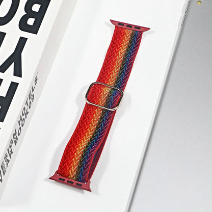 Colorful nylon sport loop strap for Apple Watch, featuring breathable fabric for comfort during workouts and casual wear.