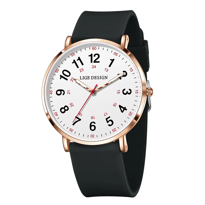Women's Arabic Numeral Silicone Quartz Watch — Black / Rose Gold Tone / White Dial — BandsCo Straps