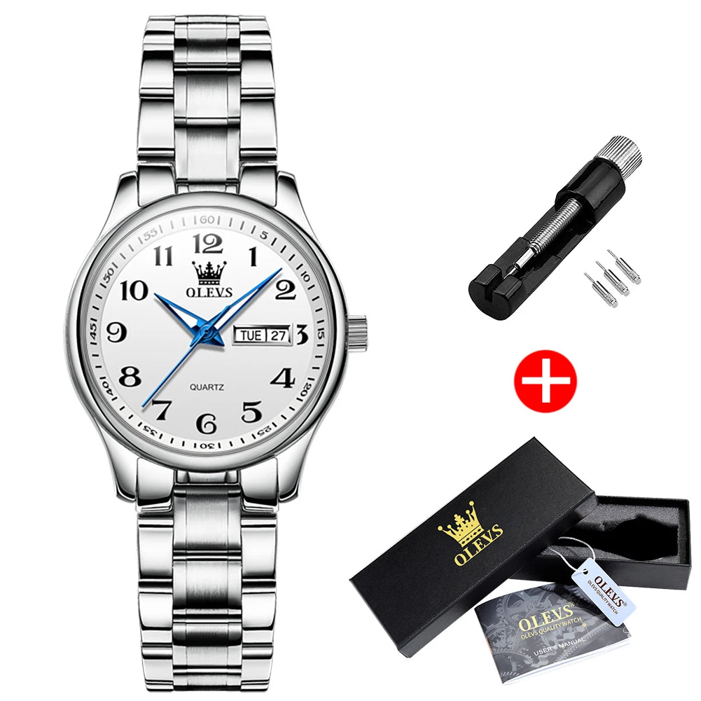 Women's Arabic Numeral Day-Date Bracelet Watch — Silver Tone / White Dial — BandsCo Straps