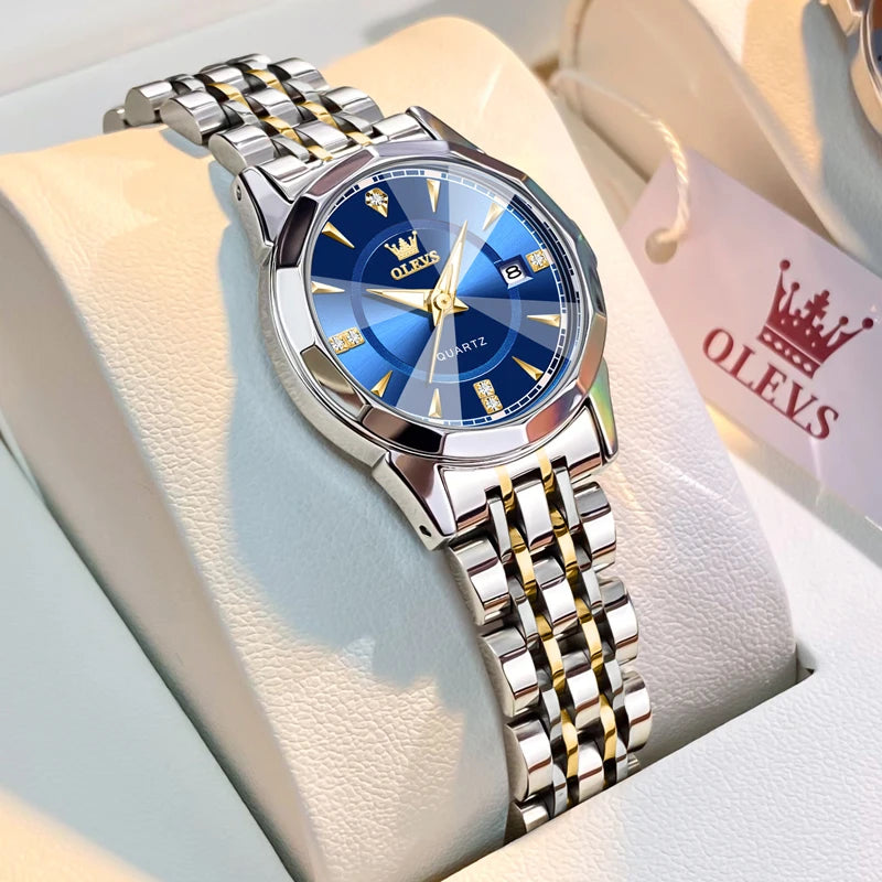 Women's Faceted Dial Quartz Bracelet Watch — Two Tone / Blue Dial — BandsCo Straps