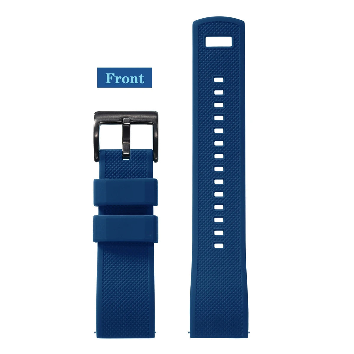 OnePlus Watch Band Quick Release Silicone Strap Sweat Resistant Black shown from the front and side in blue.