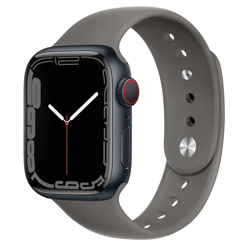 Apple Watch with silicone strap in gray, showcasing a sleek design and comfortable fit for everyday wear.