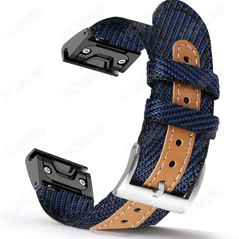 Garmin Sport Nylon Strap in blue, featuring a breathable design for smartwatch; ideal replacement band for comfort and durability.
