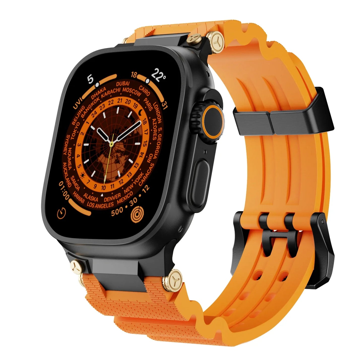 Apple Watch with orange silicone sports strap, showcasing a stylish waterproof rubber band for fitness and everyday use.