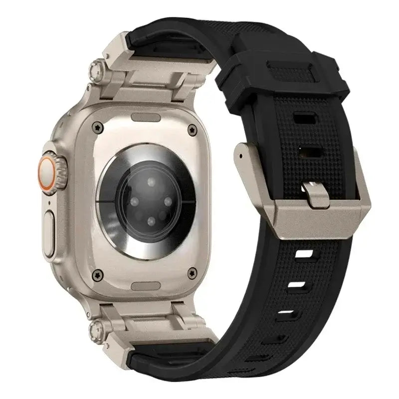 Rear view of black silicone Apple Watch band showing buckle