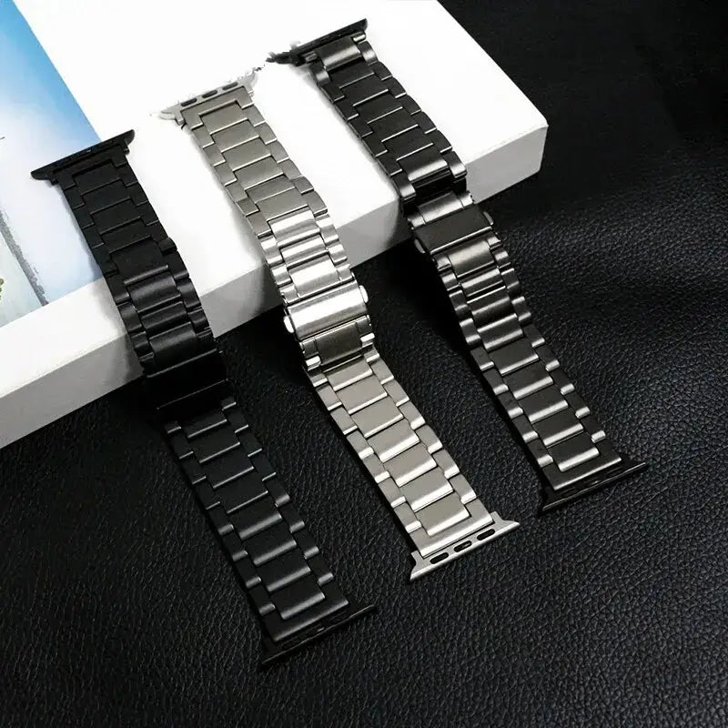 Wide-link stainless steel Apple Watch bands in Silver, Starlight and Black