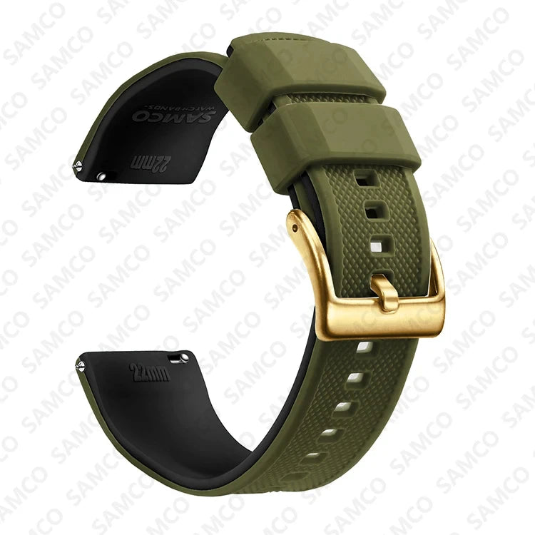 OnePlus Watch Band Quick Release Silicone Strap Sweat Resistant Black in green color with gold buckle