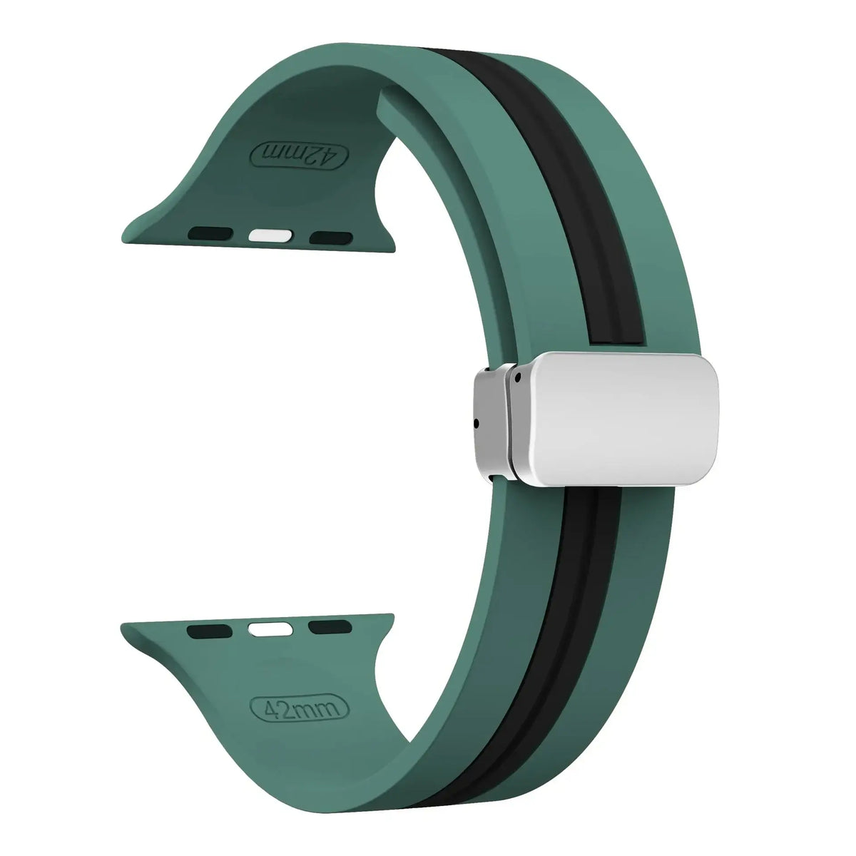 Sage Green / Black - Silver Clasp striped silicone Apple Watch band with magnetic clasp