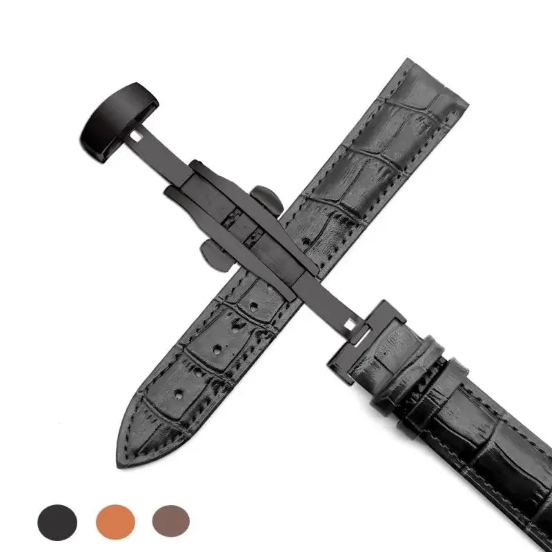 TicWatch Crocodile-Pattern Leather Butterfly Band - Black leather with clasp and color previews