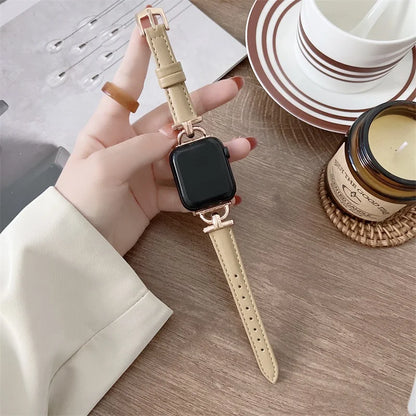 Apple Watch Genuine Leather Strap in beige, showcasing a stylish and durable design with a sleek smartwatch.